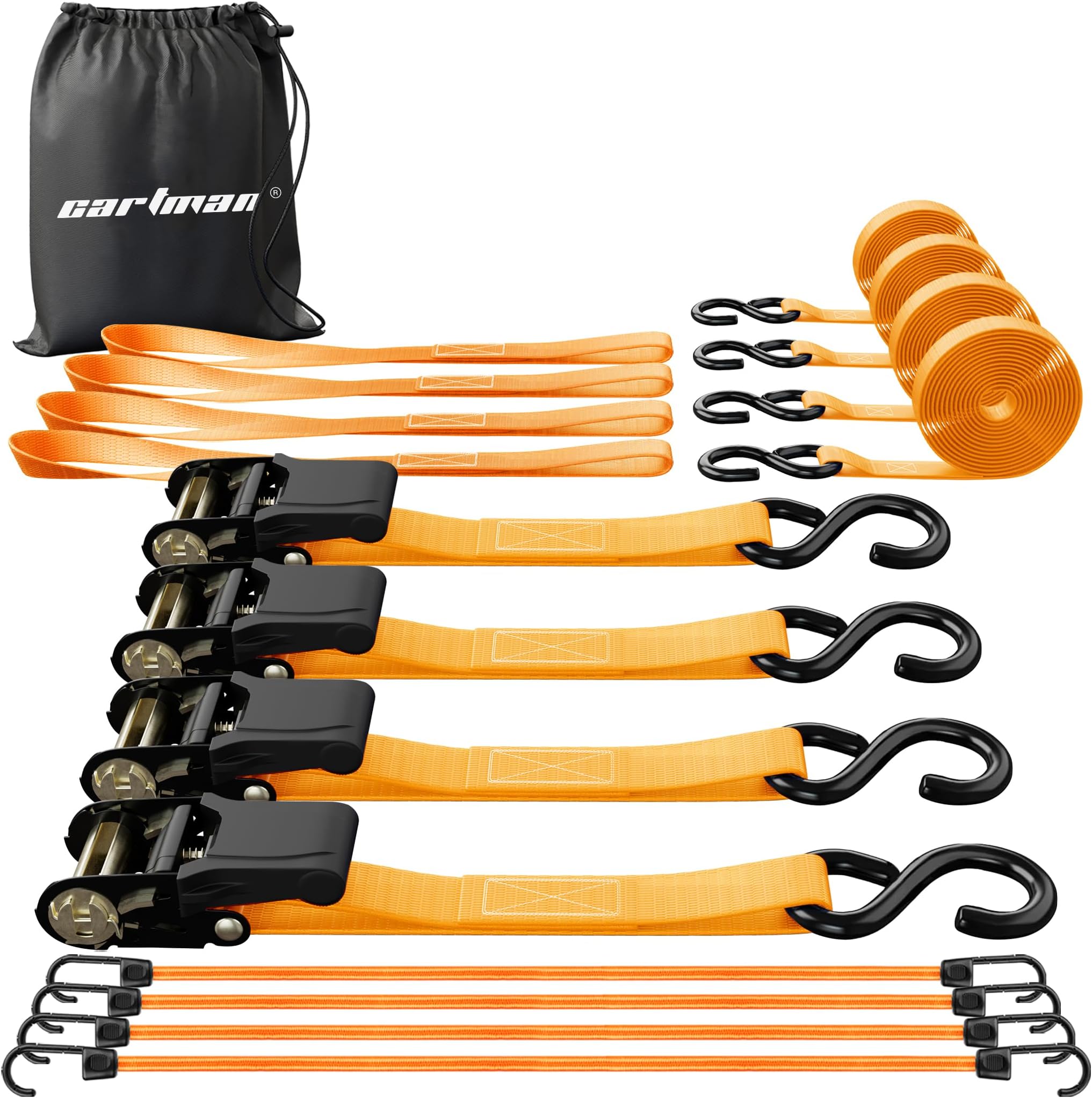 Cartman 1" x 15' Ratchet Tie Down up to 1500lbs 4pk in Carry Bag, with 18" Soft Loop Tie-Down Straps & 32" Bungee Cord