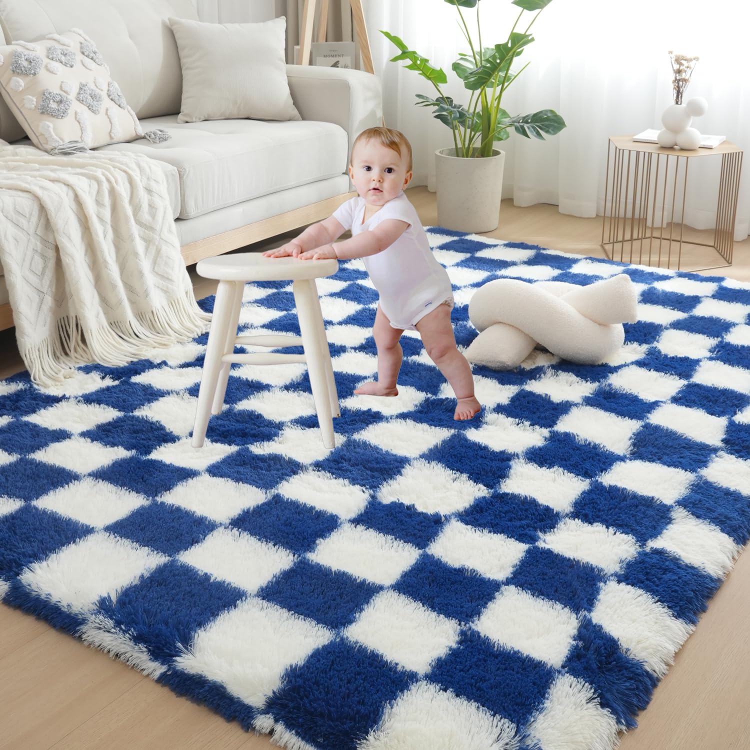 Gsogcax Checkered Rugs Living Room 4'×5.3' Super Soft Fluffy Area Rugs for Bedroom Shaggy Anti-Skid Comfortable Large Rugs Indoor Modern Home Decor Floor Carpet - Blue & White 120x160 — image 1