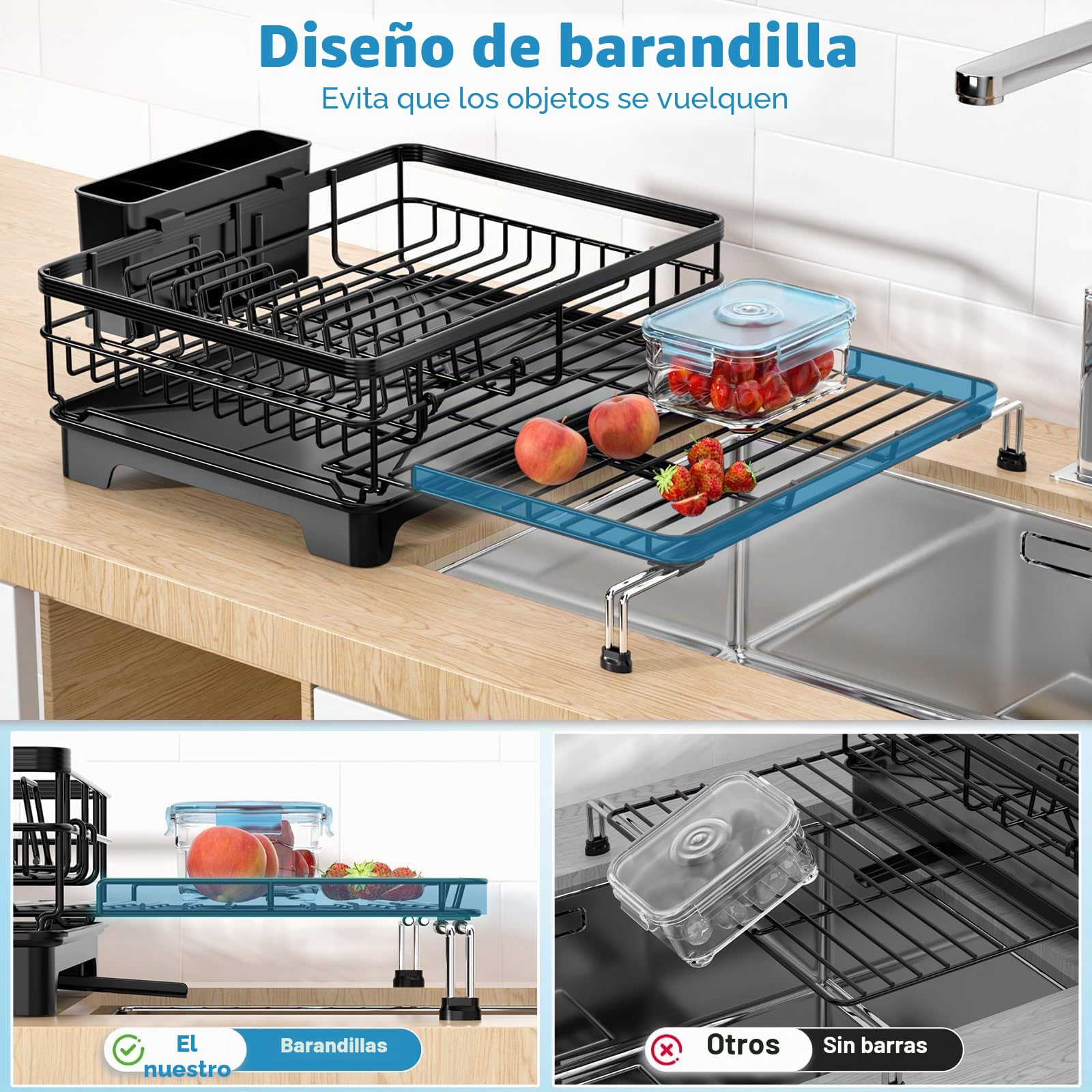 Escurreplatos Extensible, Escurridor de Platos con Soporte para Utensilios, Estante de Secado con Caño de Drenaje y Bandeja de Goteo para Encimera de Cocina, Negro