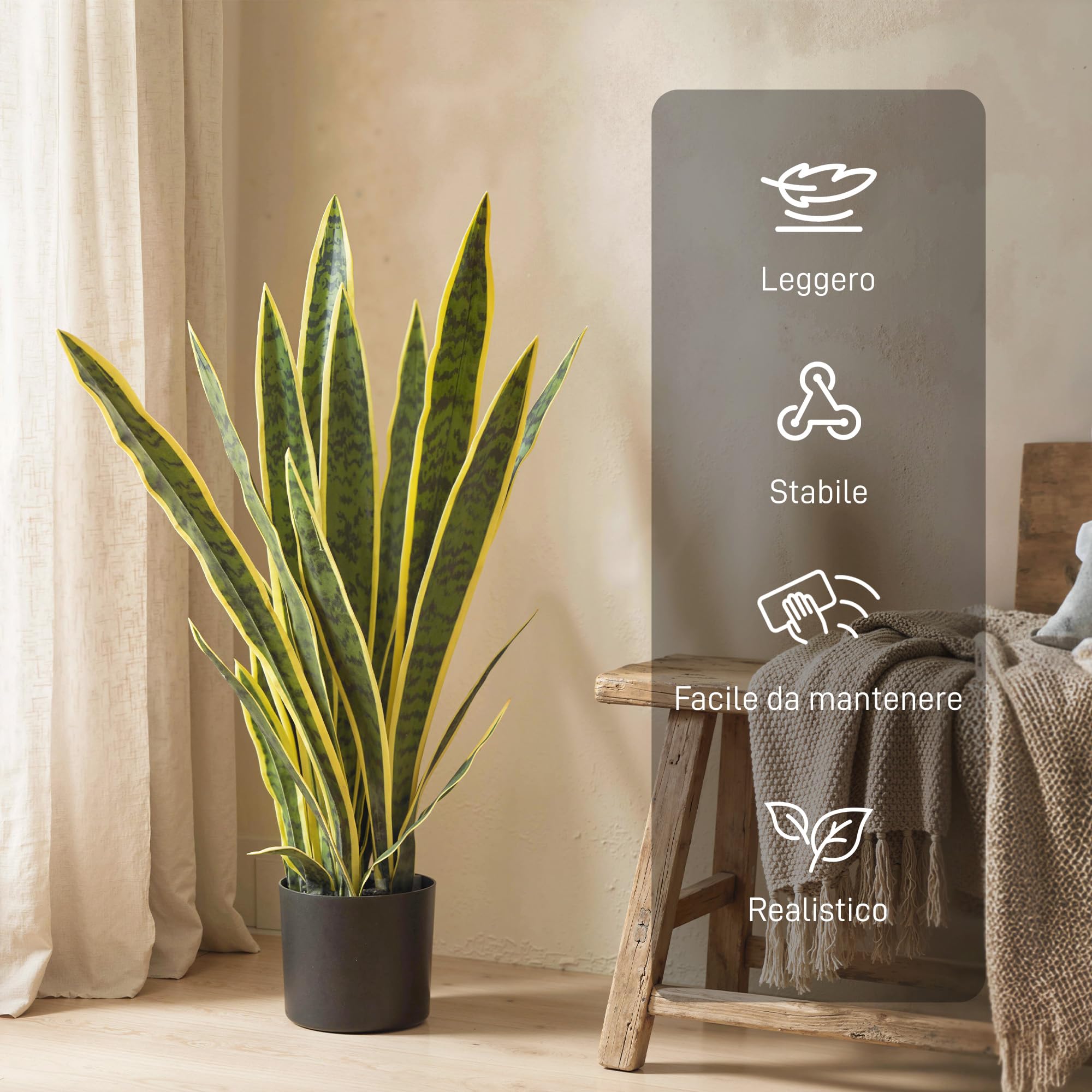 Outsunny Sanseveria Artificiale in Vaso, Pianta Finta da Esterno e Interno con 21 Foglie Modellabili, per Interno ed Esterno, Giardino, Ufficio, Soggiorno, Ø15x77 cm