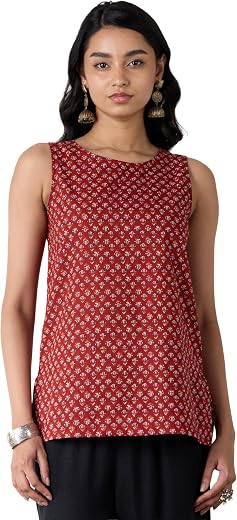 Amazon Brand - Myx Women's Cotton Printed Sleeveless Short Kurti (Available in Plus Sizes)