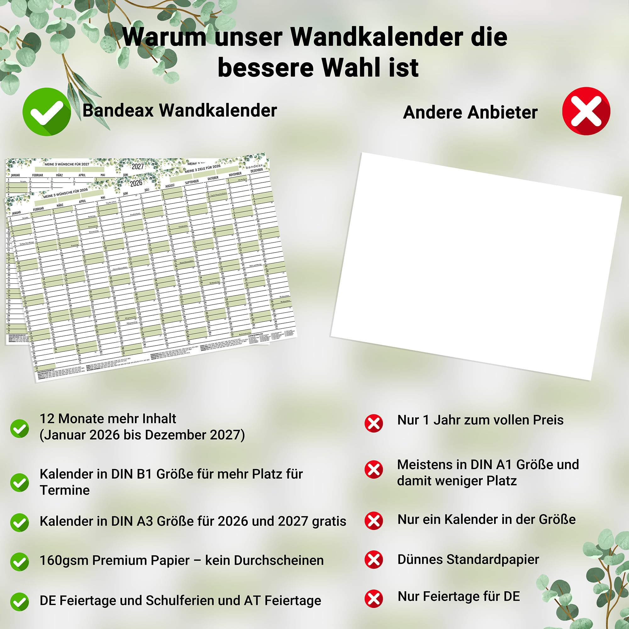 Kalendarz ścienny na rok 2026/2027, B1, duży, kalendarz roczny złożony w poprzek | Planer roczny XXL na 2 lata (70,7 x 100 cm) + gratis DIN A3 | plakat ścienny z dniami świątecznymi