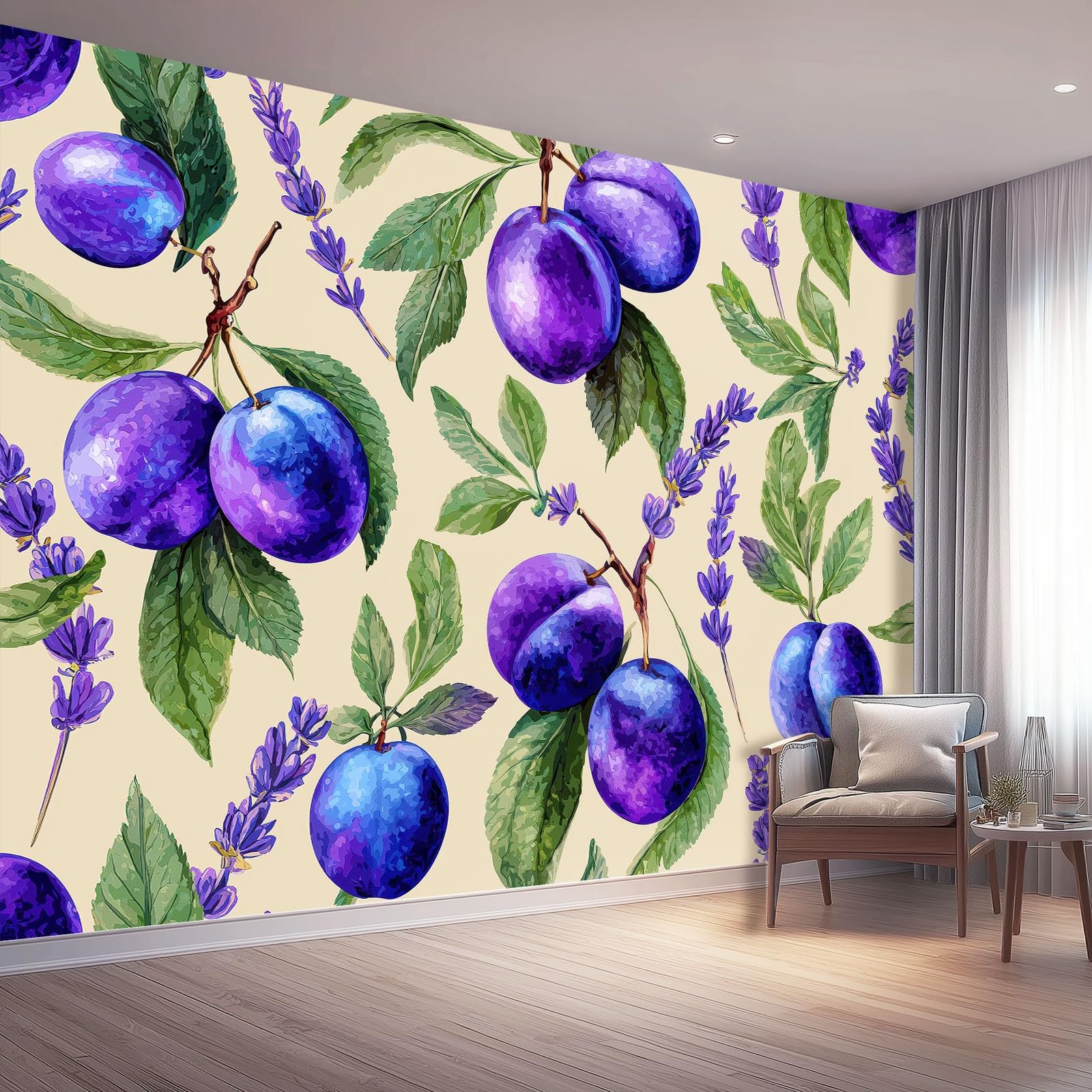 Dekoracyjna tapeta ścienna | Akwarela Śliwka Owoce Wzory | Nadaje się do salonu, sypialni i biura, stylowa i prosta w instalacji, idealna, (fioletowy, 400 x 280 cm