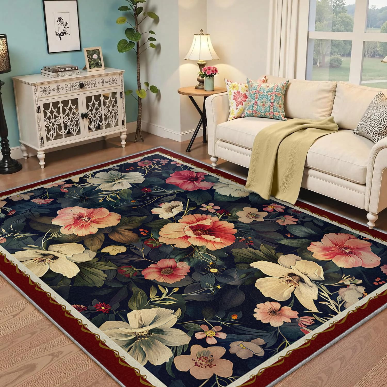 Tapis rouge de salon lavable aux fleurs orientales pour grand séjour