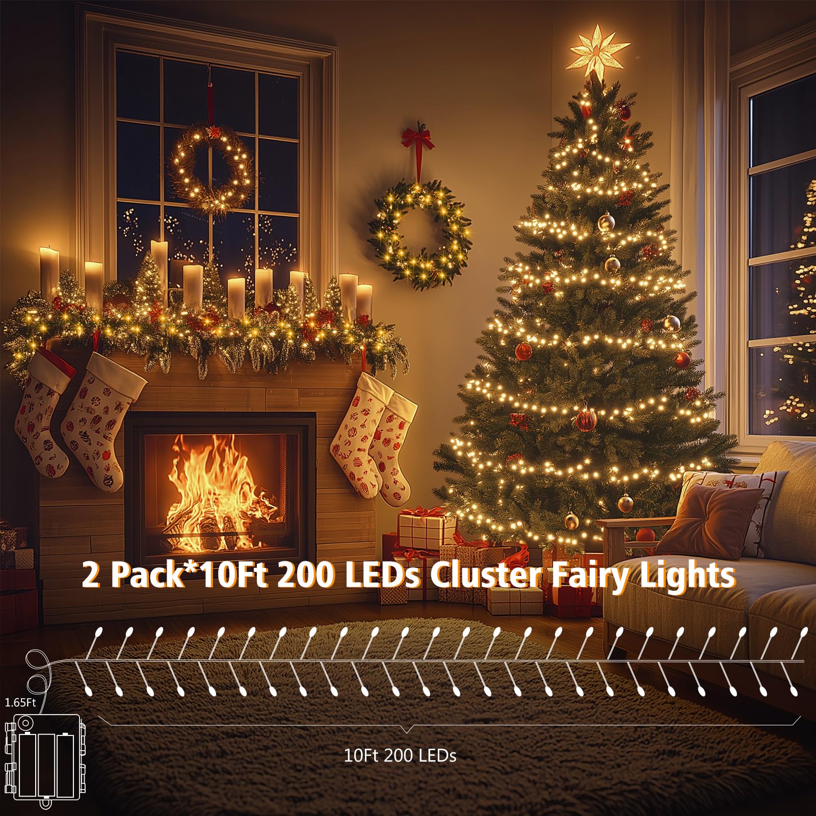 BSGlobal Confezione da 2 luci a grappolo a batteria, totale 400 luci LED di Natale con timer 8 modalità, filo di rame verde scuro per decorazioni per albero di Natale (bianco caldo)