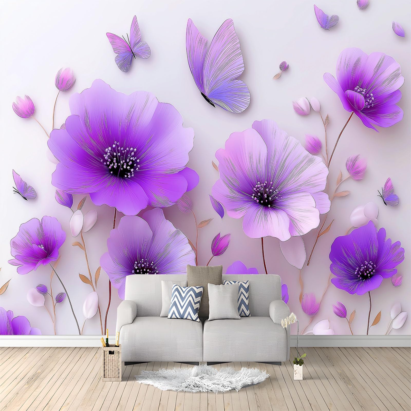 Panoramiczna tapeta 3D nowoczesny estetyczny kwiatowy motyl botaniczny liliowy 200 x 140 cm, tapeta z włókniny - fresk ścienny do salonu, sypialni i biura, dekoracja ścienna druk HD