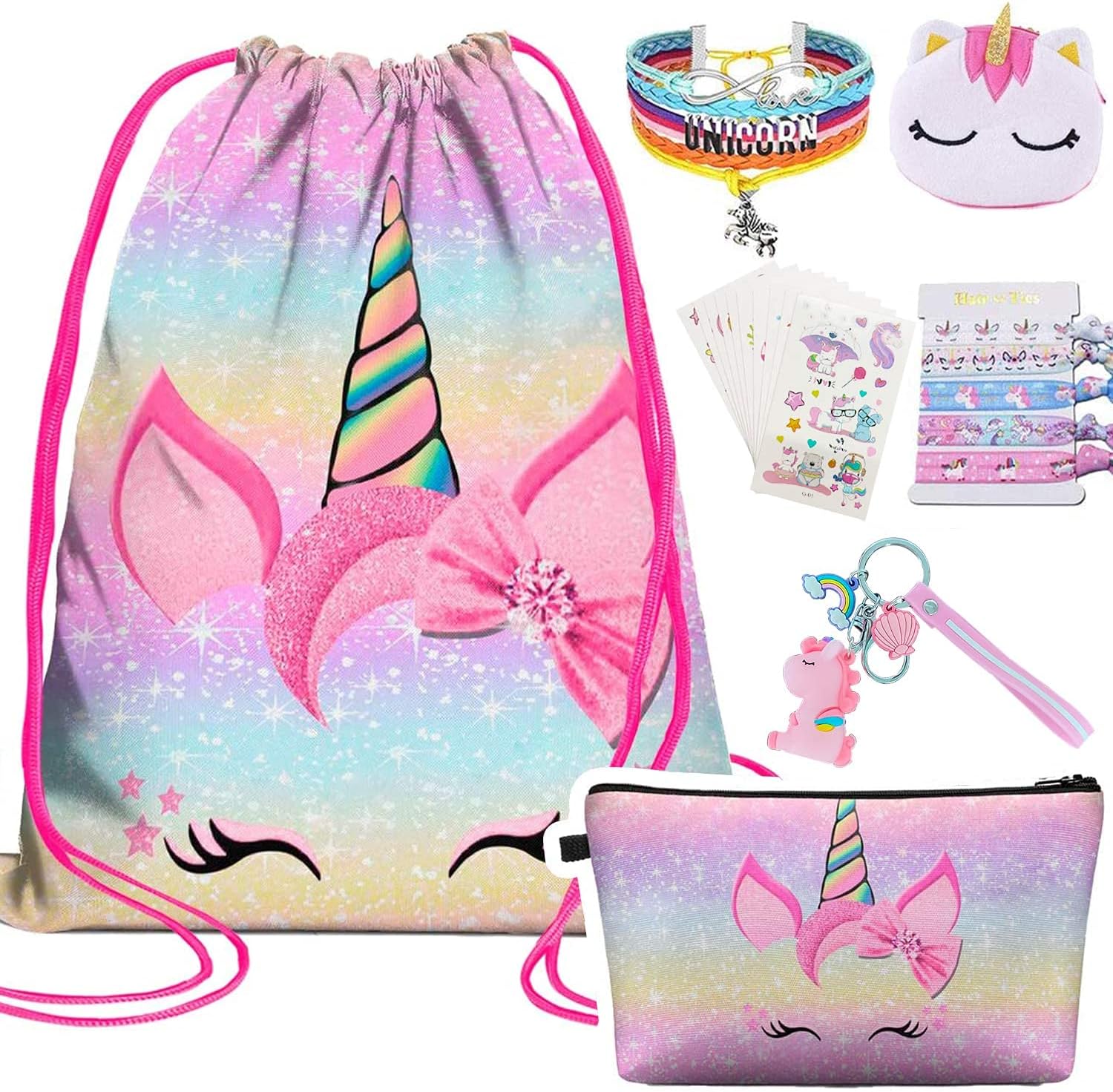 Amazon.co.jp 女の子向けユニコーンギフト ユニコーン巾着バックパック/メイクアップバッグ/ジュエリー/ネックレス/ヘアタイ