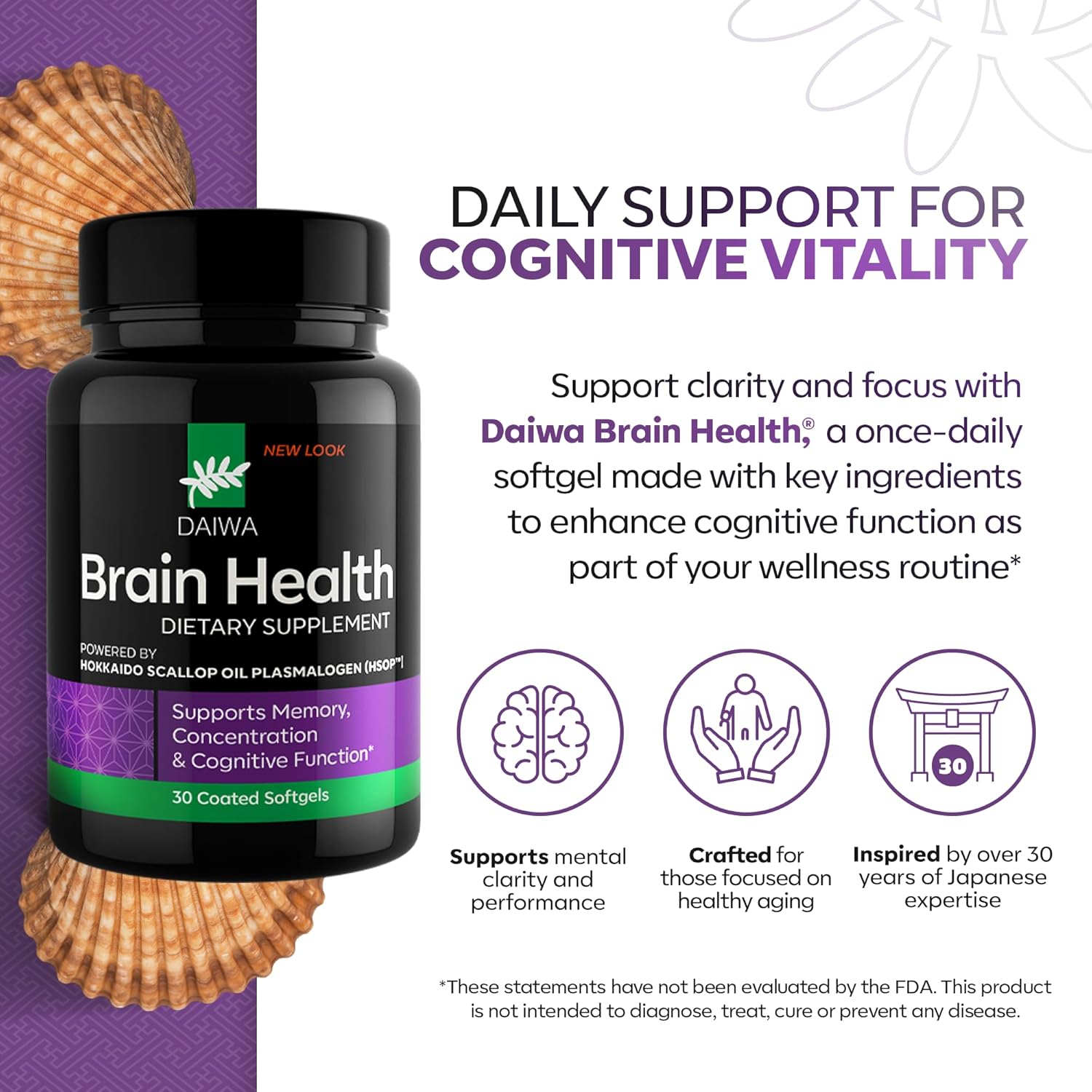 DAIWA Advanced Omega-3 Brain Supplement - Phospholipid Omega Formula with Hokkaido Scallop Oil Plasmalogen for Memory, Focus and Cognitive Wellness - 30 Softgels