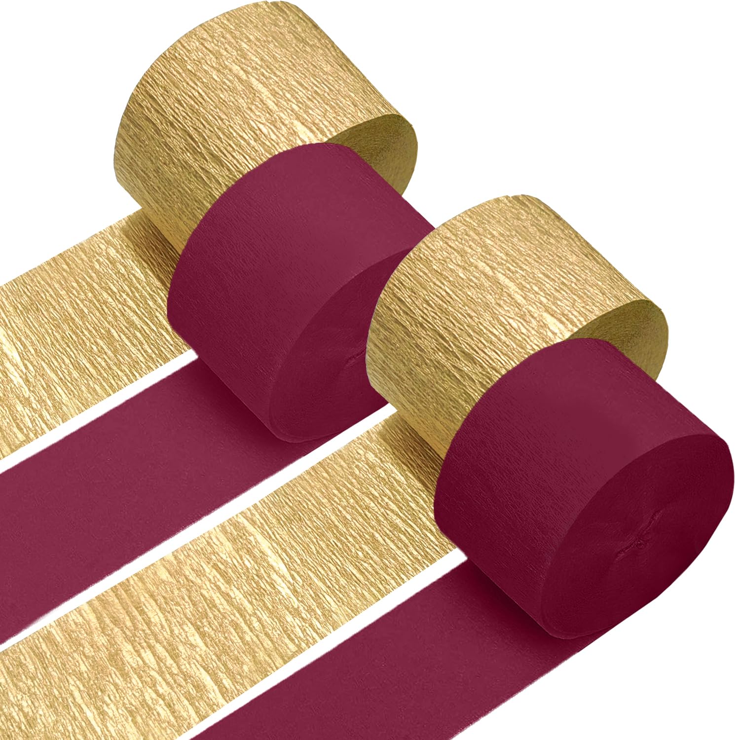 4 Crepe Paper Streamers Rolls, 328ft Pack of Burgundy and Gold Crepe Paper for Birthday Graduation Anniversary Party Decorations DIY Supplies for Flowers Making (1.8 inch x 82 ft/Roll)