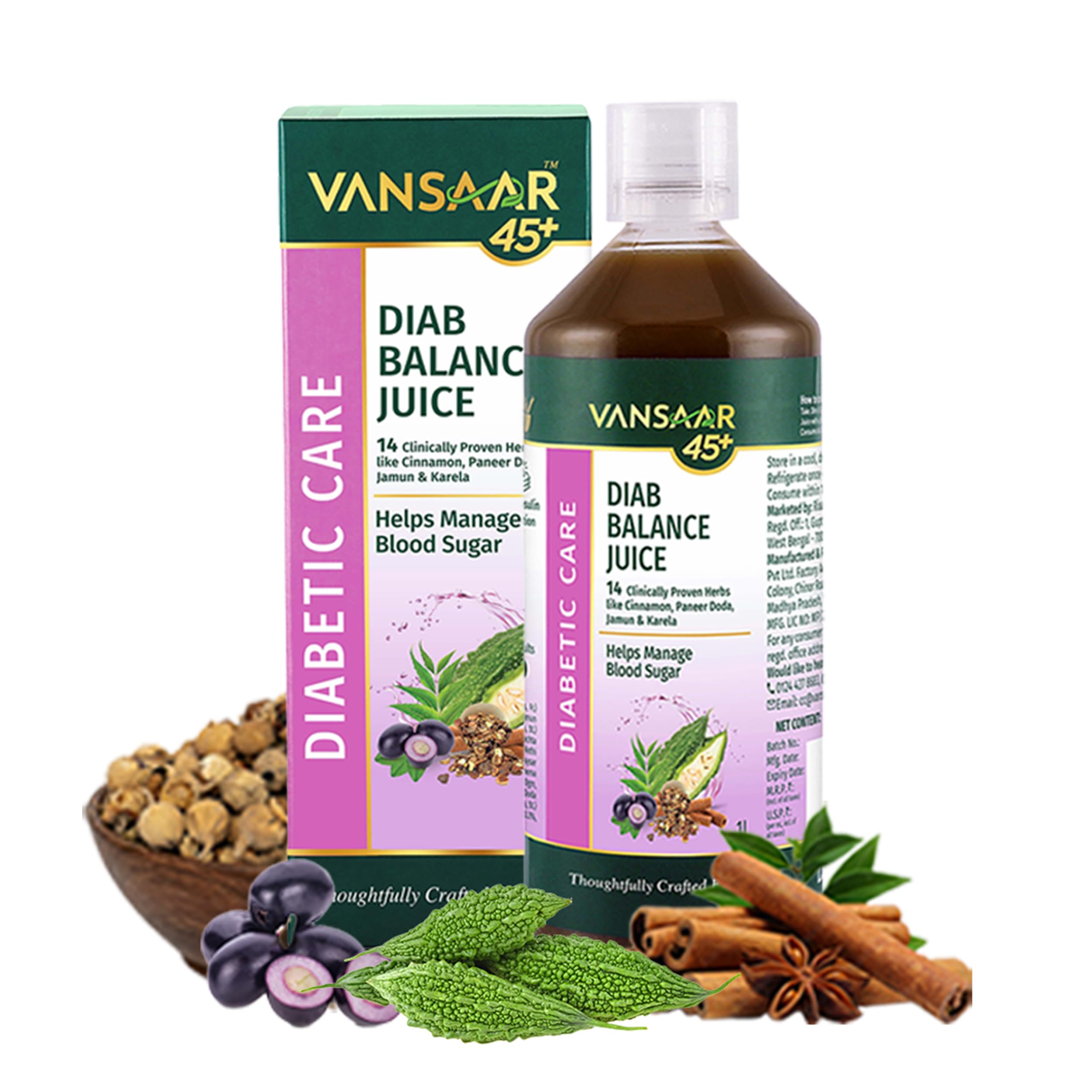 Vansaar 45+ Diab Balance Juice, 1L | Ayurvedic Diabetic Care Juice for 45+ Adults | Karela, Jamun, Neem, Paneer Doda, Cinnamon, & 9 more natural herbs | Manages Blood Sugar & Insulin Level