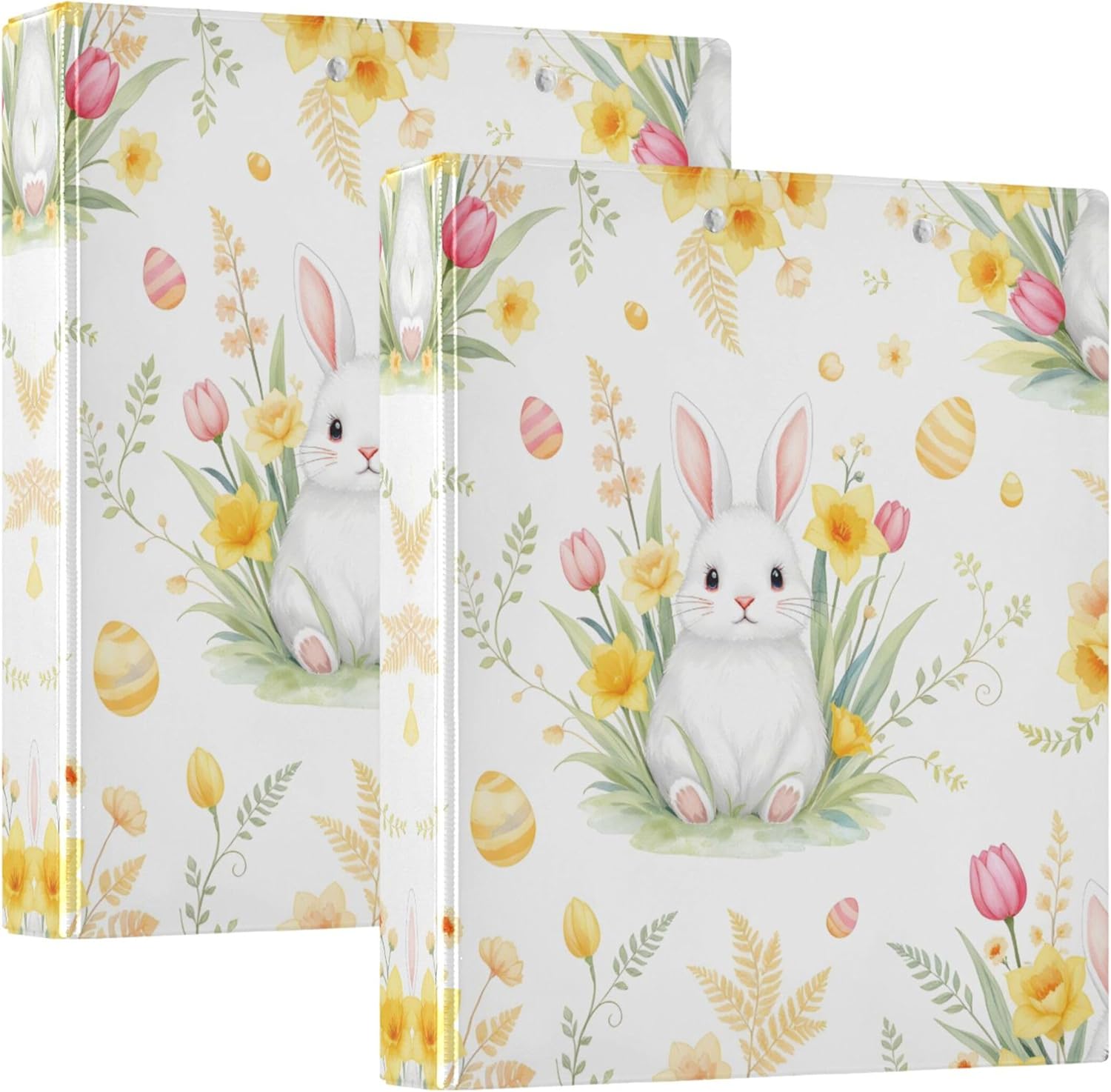 Watercolor Easter Bunny & Flower 3 Ring Binders, 1.5” Round Ring Binders with Clipboard - Letter Size, 3 Interior PVC Clear Pockets & Anti-Slip Clip for Office School Supplies, 2PCS
