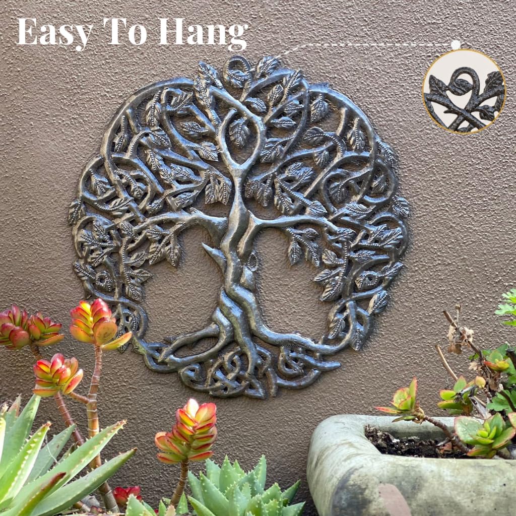 Handmade Metal Tree of Life Wall Art, 17.25 Inches Round, Haitian Metal Artwork Decor, Celtic Family Trees, Modern Plaque, Handmade in Haiti, Fair Trade Certified