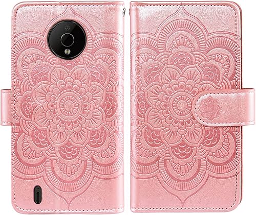 Miniatura 5 de Asuwish Funda de teléfono para Nokia C200 Funda de cartera con protector de pantalla de vidrio templado y cuero de flores, soporte para tarjeta de