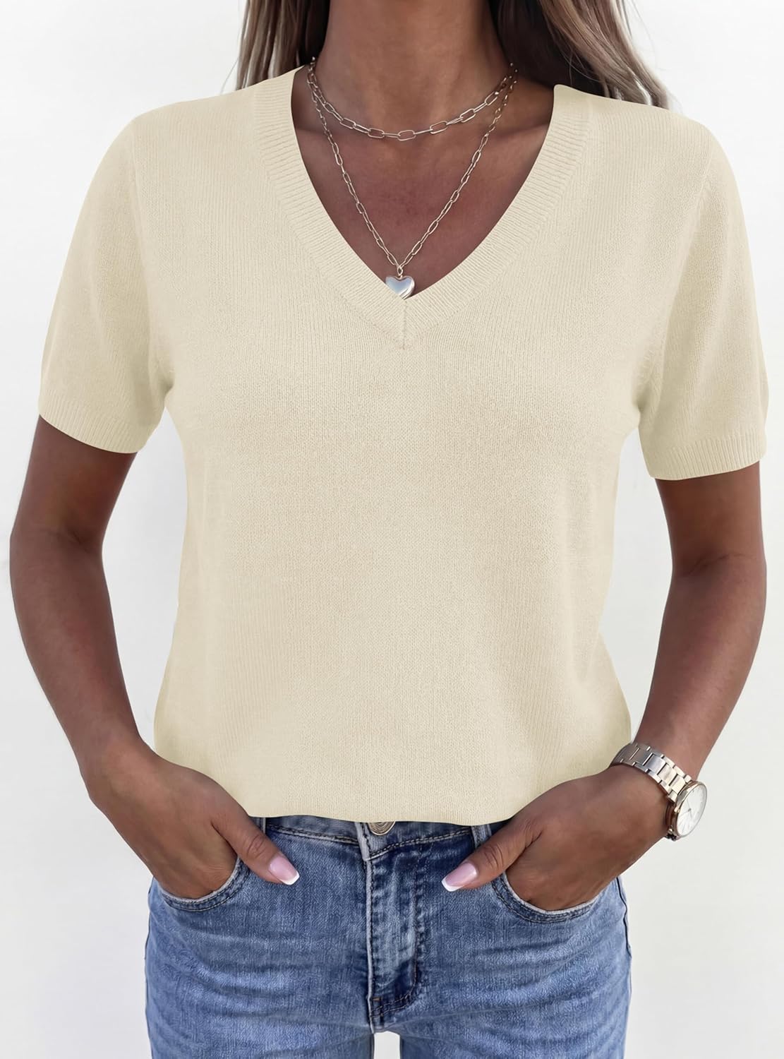 PRETTYGARDEN Womens Short Sleeve Sweater V Neck Trendy Pullover Tops 2026 Summer Spring Loose Lightweight Casual Blouse - Image 5