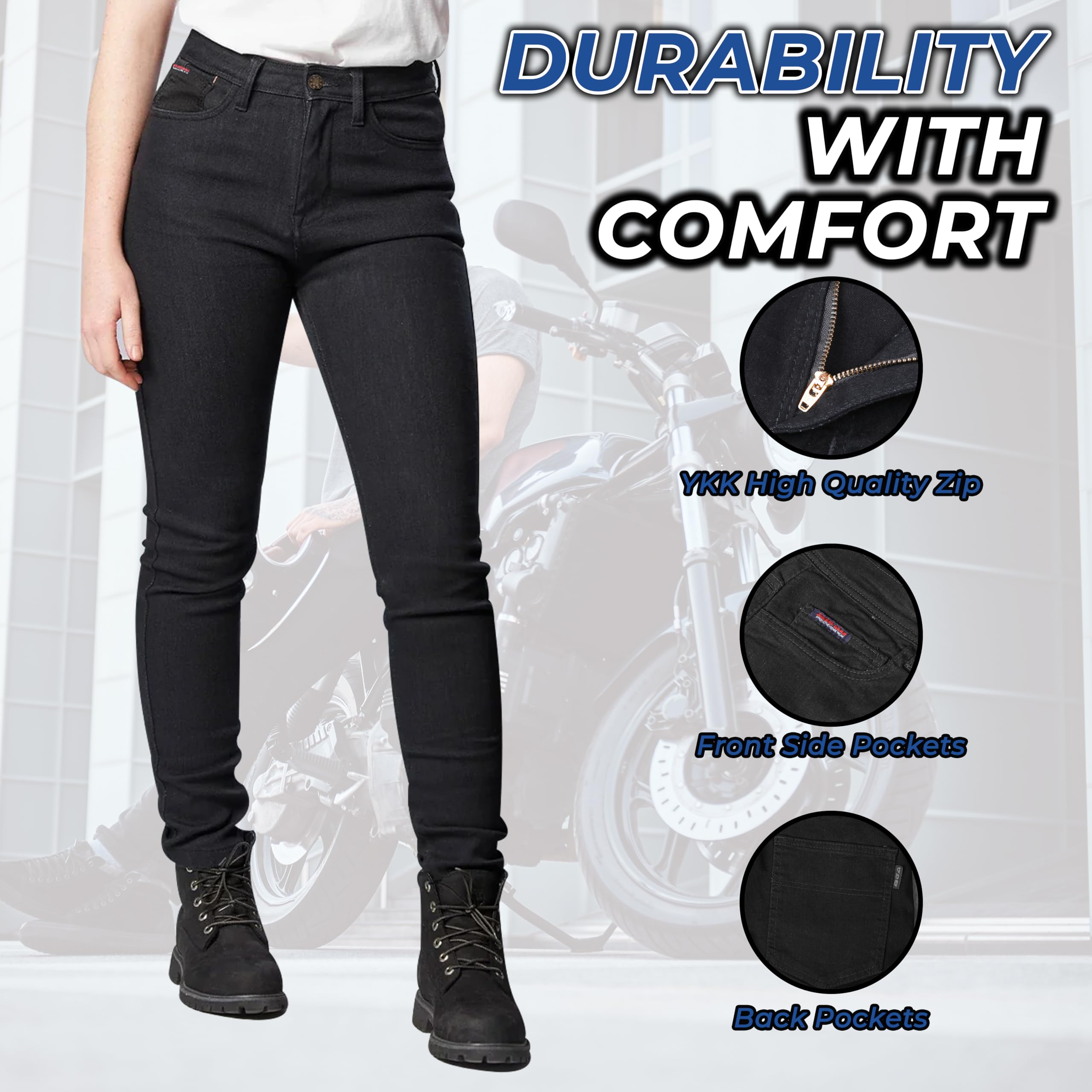 BGA Jeans de moto pour femme – Bikers Gear Australia Pantalon de moto de protection Kevlar extensible avec armure amovible au niveau des hanches et des genoux