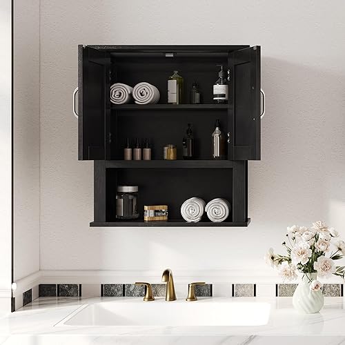 Miniatura 6 de ChooChoo Armario de baño con puertas, botiquín con estantes ajustables, armario de pared de baño sobre inodoro, armario colgante para cocina, sala