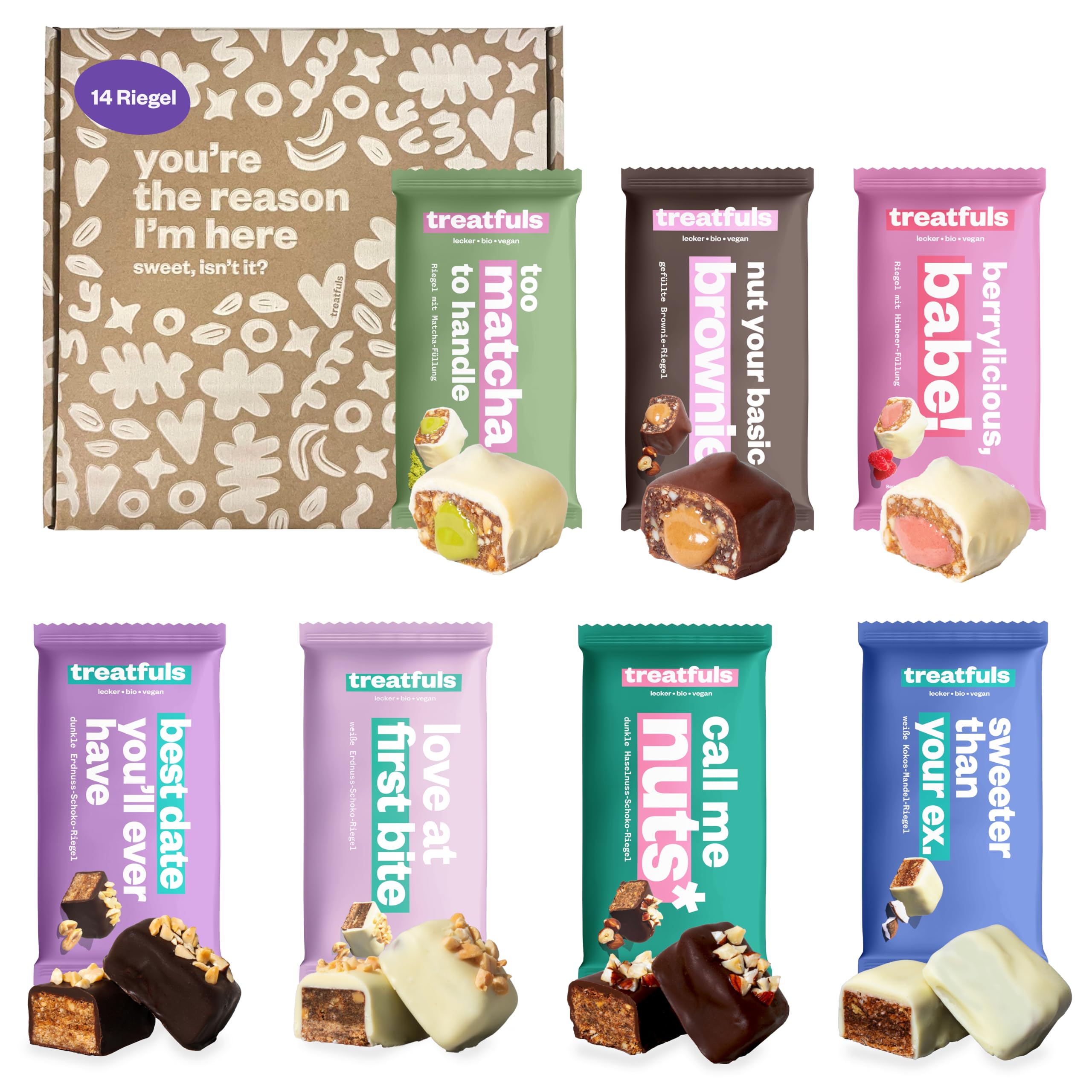 treatfuls "Genussbox 7 Sorten" - 14 Schokoriegel - natürlich darmfreundlich - vegan - ohne Soja & Gluten - mit Datteln gesüßt
