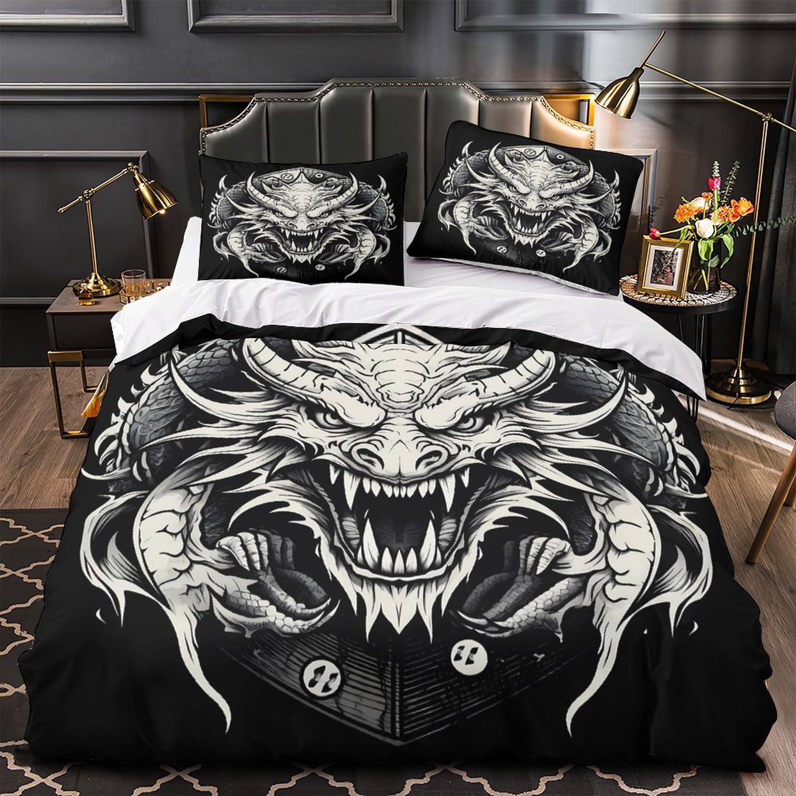 Housse de couette dragon king 220x240 parure de lit microfibre avec fermeture éclair