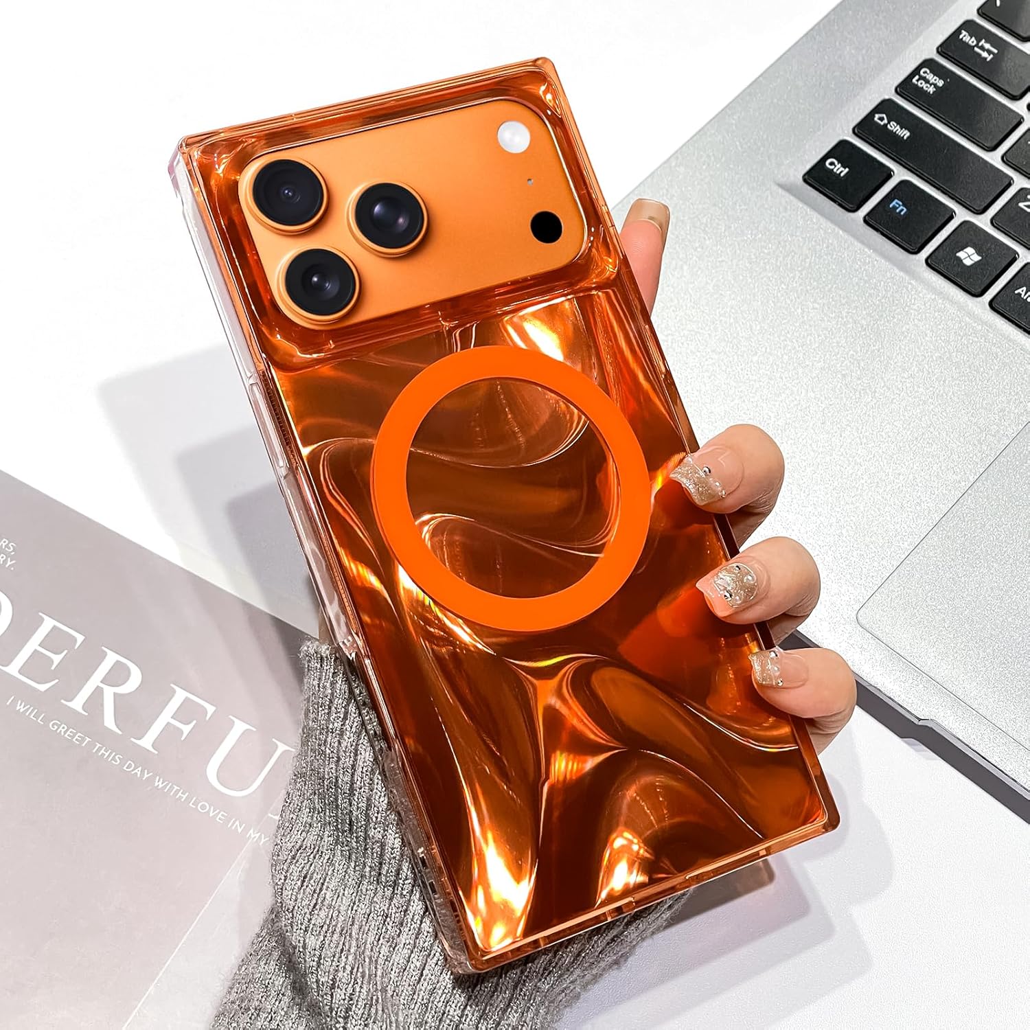 SAKUULO Magnetic Rectangle Case for iPhone 17 Pro Max Compatible with Magsafe, Laser Iridescent Sparkly Glitter Stylish Glossy Shockproof Protective Cover for Women Men- Laser Orange