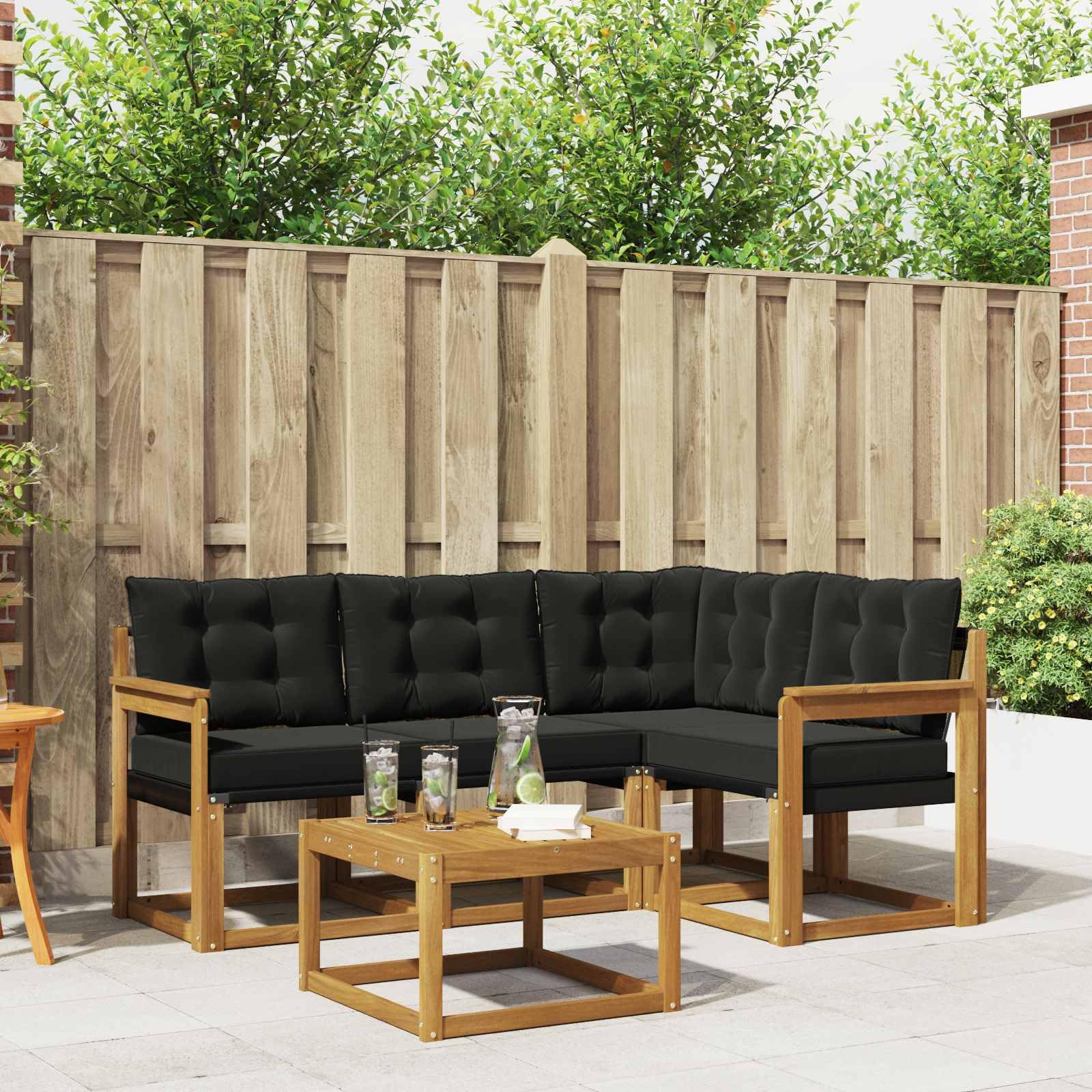 Ensemble de canapés d extérieur 5 pcs Naturel Noir en Bois d Acacia Massif avec Coussins Amovibles lavables résistant intempéries canapé Angle Table Salon Jardin Patio