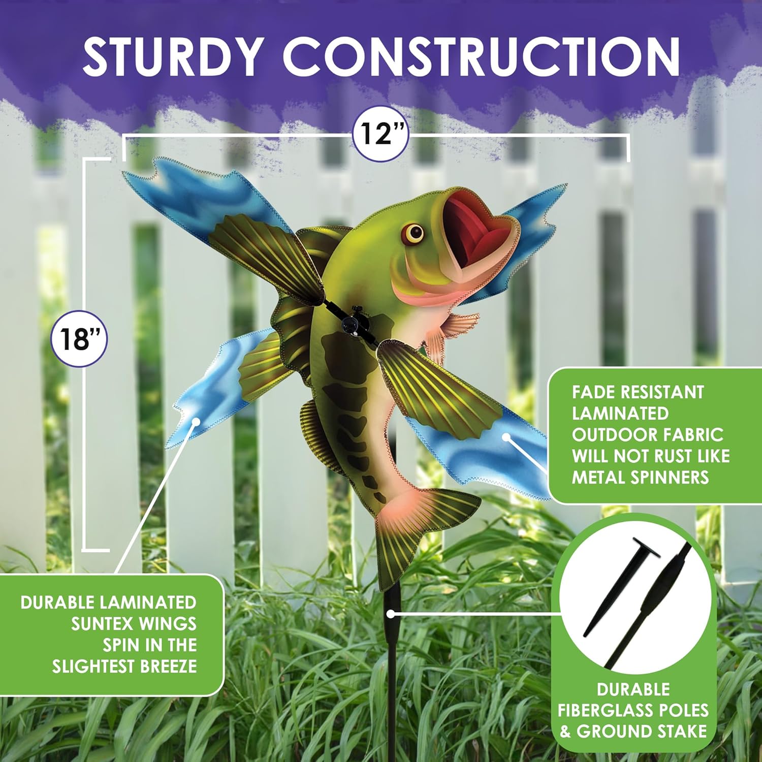 Whirligig Spinner Bass – Dynamic Fishing-Themed Design, Weather-Resistant Outdoor Decor, Durable & Lightweight for Patios, Yards, and Gardens - Eye-Catching Wind Spinner