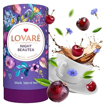 LOVARE Night Beautea Loose Leaf Tea 80 g - Made in Ukraine - Ceylon Black Tea, Cherry Berries, Cornflower Petals, Royal Pomegranate Plum Aroma - Tea Lovers Gift Box with 15 Paper Filters Night Beautea