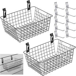 2 Pcs Slatwall Baskets with Slatwall Hooks,11.2 x 8.6 x 4.5'' Wall Baskets Hanging Storage Metal Baskets Slatwall Bins Slatwall Panel Hooks Mounted Slatwall Accessories for Room Storage Display
