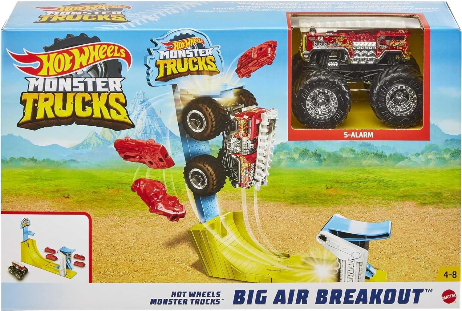 Hot Wheels Monster Trucks Big Air Breakout Play Set with 5 Alarm 1:64 Scale die-cast Metal Body Monster Truck 4 Plastic Crushed Cars 1 Slam Launcher and Ramp for Vertical Crashing for 3-7 Year Olds