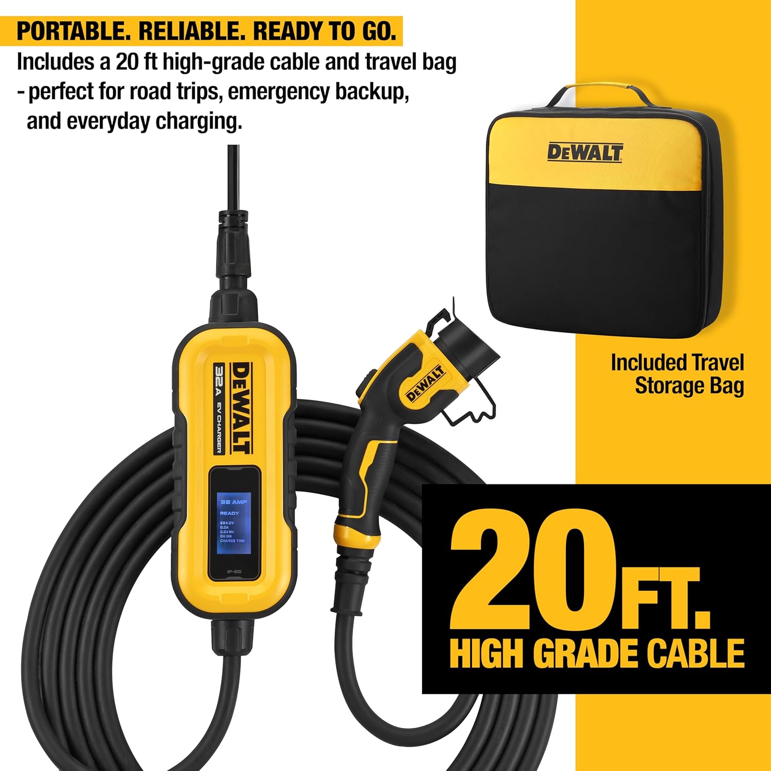 DEWALT Portable Electric Vehicle (EV) 120-240V Level 2 Charger up to 32 Amps, CSA Certified Indoor/Outdoor, NEMA 14-50 Plug Adapter Included, 20 ft. Cable