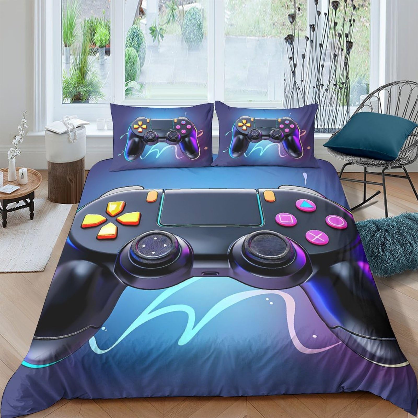 GPLZQXKJNH 3D Printed Game Controller Duvet Cover Microfiber Soft Breathable Neon Gaming Bedding Set with 2 Pillowcases for Bedroom Decor, Single（135x200cm）