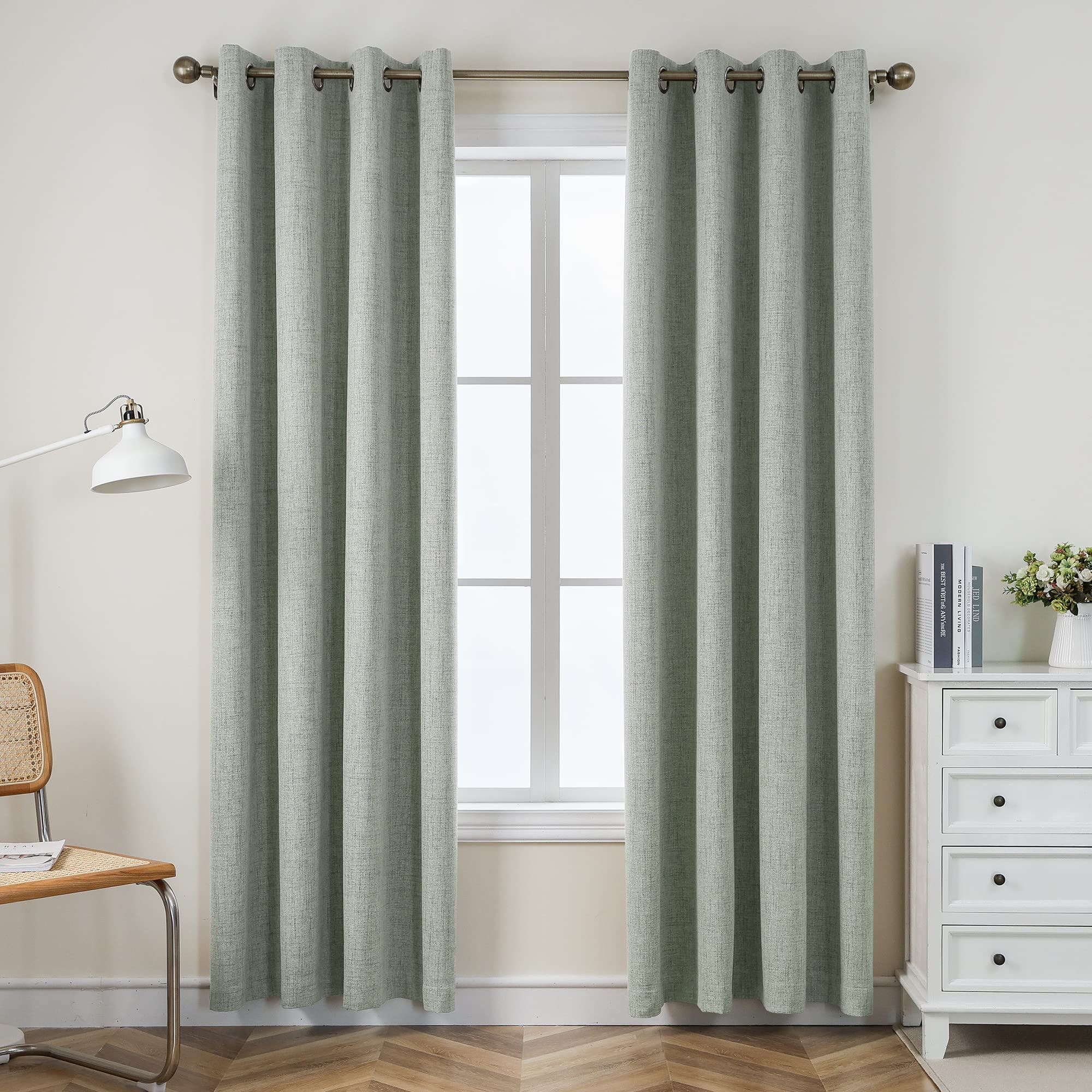 CUCRAF Full Blackout Window Curtains 84 inches Long, Faux Linen Look Thermal Insulated Grommet Drapes Panels for Bedroom Living Room, Set of 2 (52 x 84 inches, Grey Green)