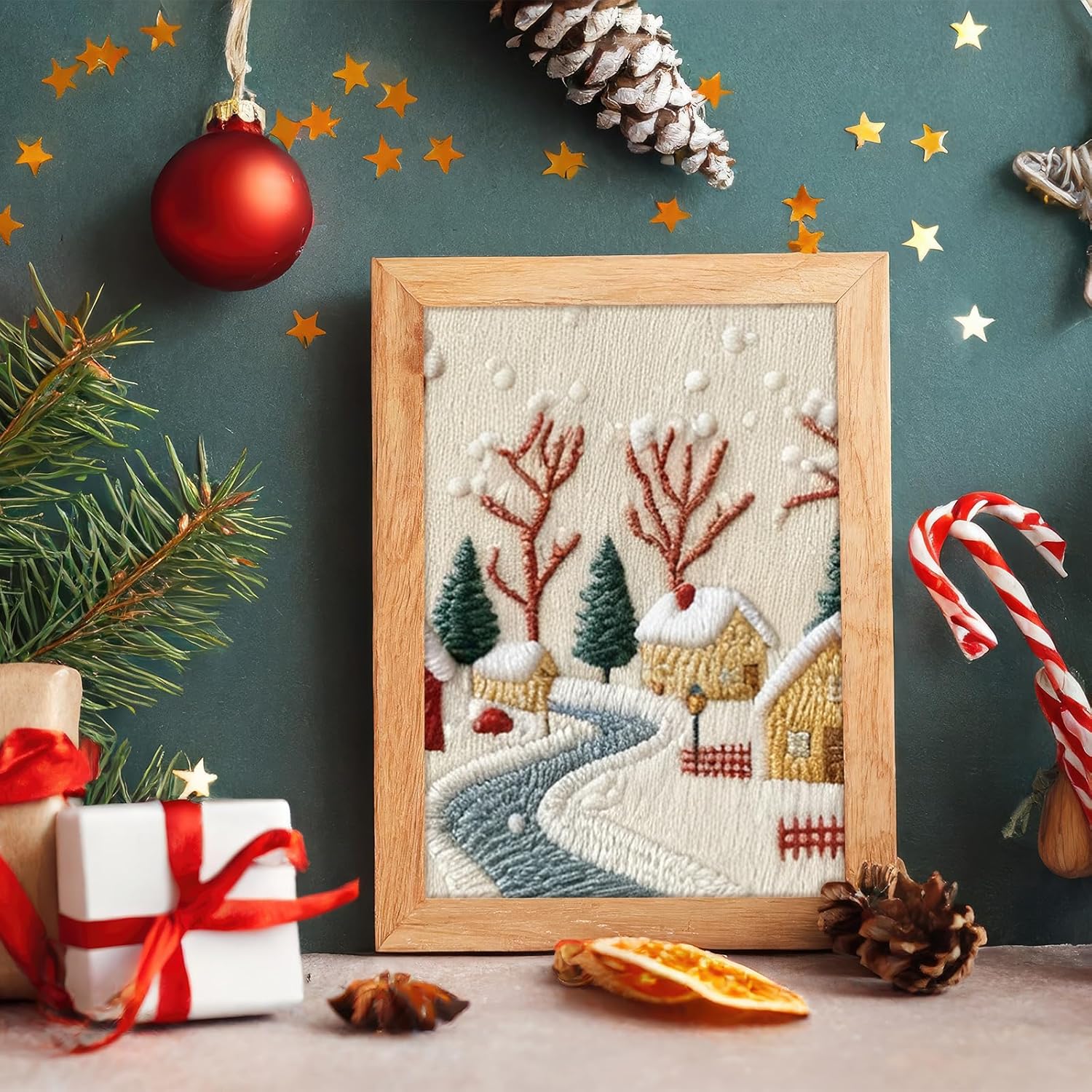 Peryiter 6 Sets Christmas Embroidery Kit for Beginners Including 6 Pcs Embroidery Hoop Winter Scene Snow Cross DIY Needlepoint Kit Instructions Threads Needles for Christmas Holiday Party Gift