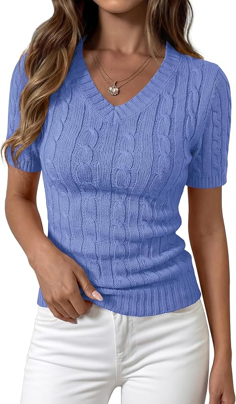 PRETTYGARDEN Womens Summer Short Sleeve Sweater Cable Knit V Neck Sweaters Shirts Fitted Work Tops Business Casual Outfits