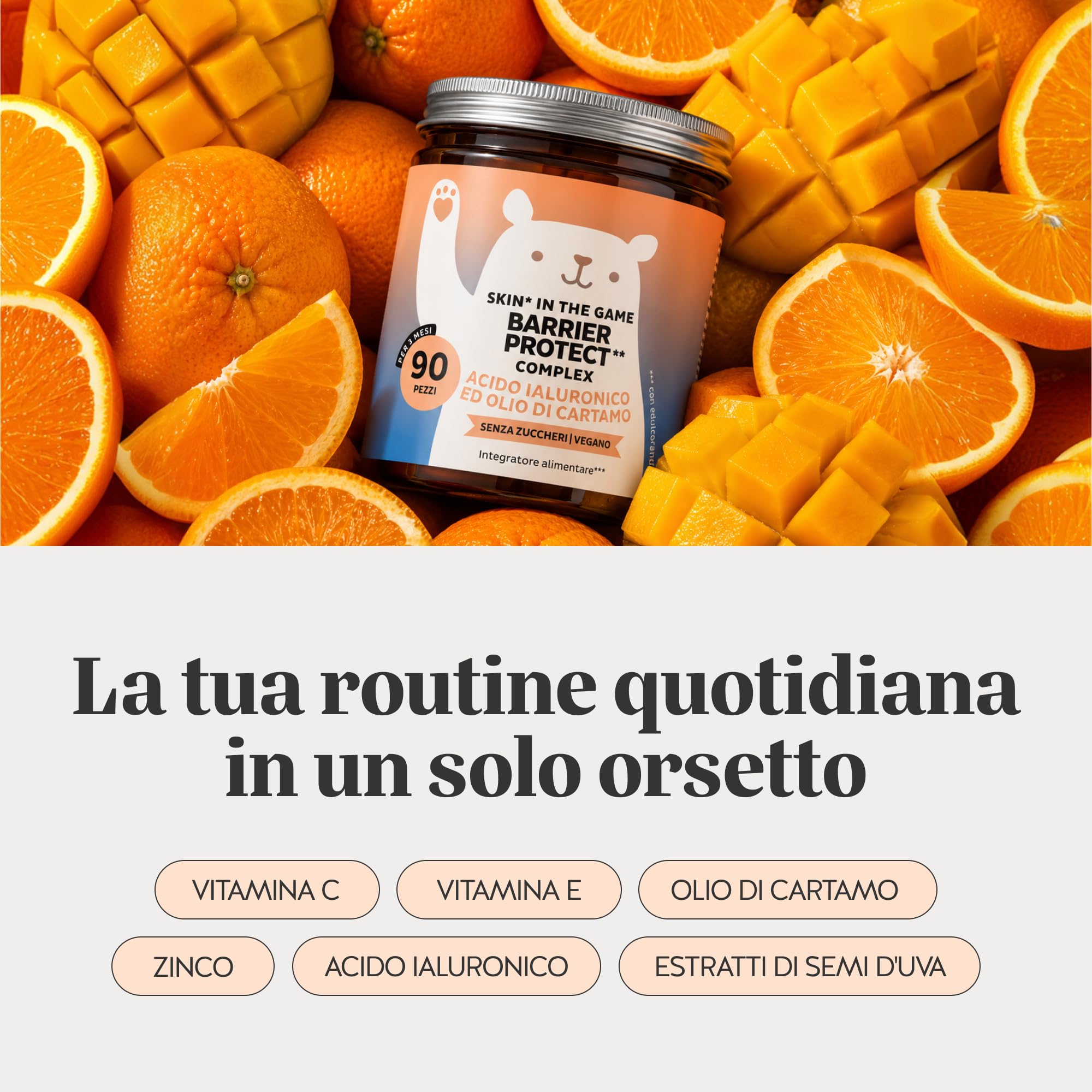 Bears with Benefits - Gommose Acido Ialuronico - Cura de la Pelle -90 pezzi | Skin in the Game - Acido Ialuronico, Zinco, Vitamine C & E, Olio di Cartamo - Cura da 3 mesi - Senza Zuccheri, Vegano