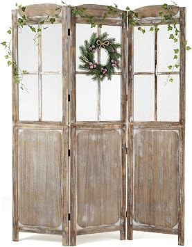 GIANTEX 3 Panel Folding Room Divider with Mesh Window, Distressed Brown