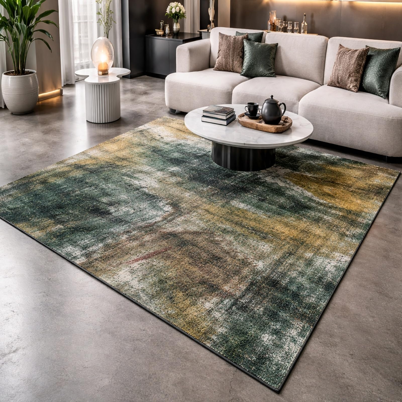 Tapis de salle à manger lavable fini les taches avec ce modèle vert abstrait