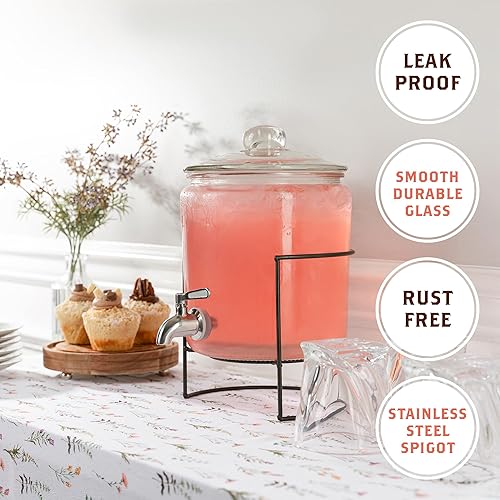 Miniatura 6 de Dispensador de bebidas de vidrio con soporte, dispensador grande de bebidas, jugo y agua de 1 galón para fiestas con boquilla, grifo de acero