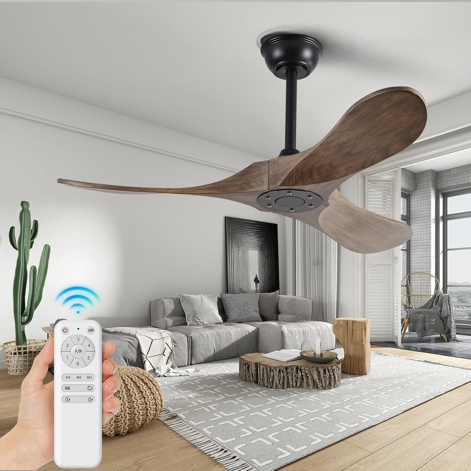 Small 42" Ceiling Fans without Lights, Solid Wood Ceiling Fan No Light with Remote Control Smart and Unique with 3 Blades, Indoor Outdoor for Bedroom, Farmhouse and Gazebo, Apricot Grey