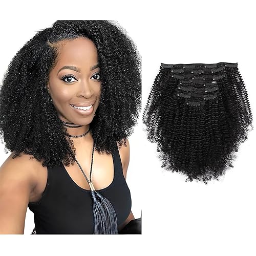 Sassina 4B 4C Afro Coily - Extensiones de cabello humano con clip para mujeres negras doble trama Remy afro rizado 7 piezas 423oz con 17 clips 4AC