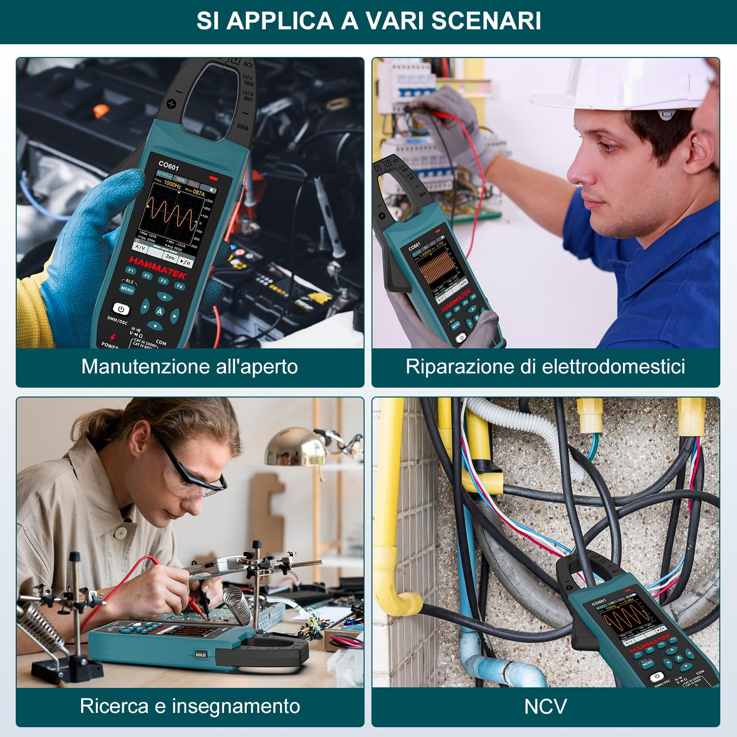 HANMATEK Multimetro con Oscilloscopio 2 in 1, Pinza Amperometrica Professionale, 5 MSa/s, Banda 1MHz, NCV, Bluetooth, Display TFT da 2,8", 600A/1000V, CO601