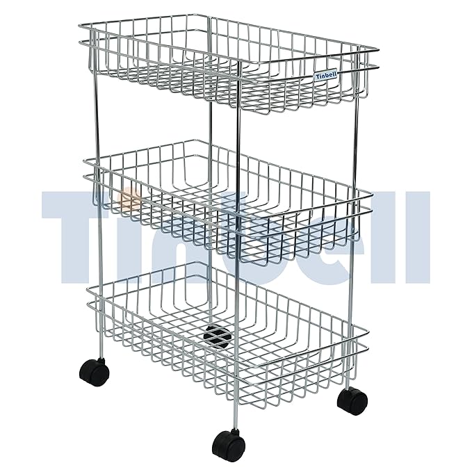 Stainless Multipurpose Shelf/Rack and Wheel Trolley for Fruits/Vegetables and Cutlery Storage in Kitchen and Home (3 Shelf)