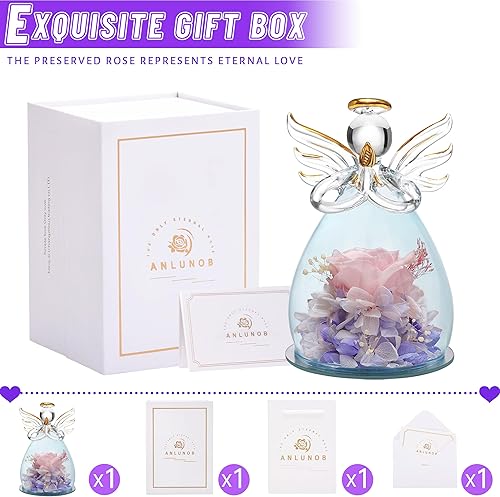 Miniatura 2 de ANLUNOB - Flores preservadas, regalos de cumpleaños y Navidad para mujeres, ángeles con bonitas rosas color rosa para regalos de boda y Acción de