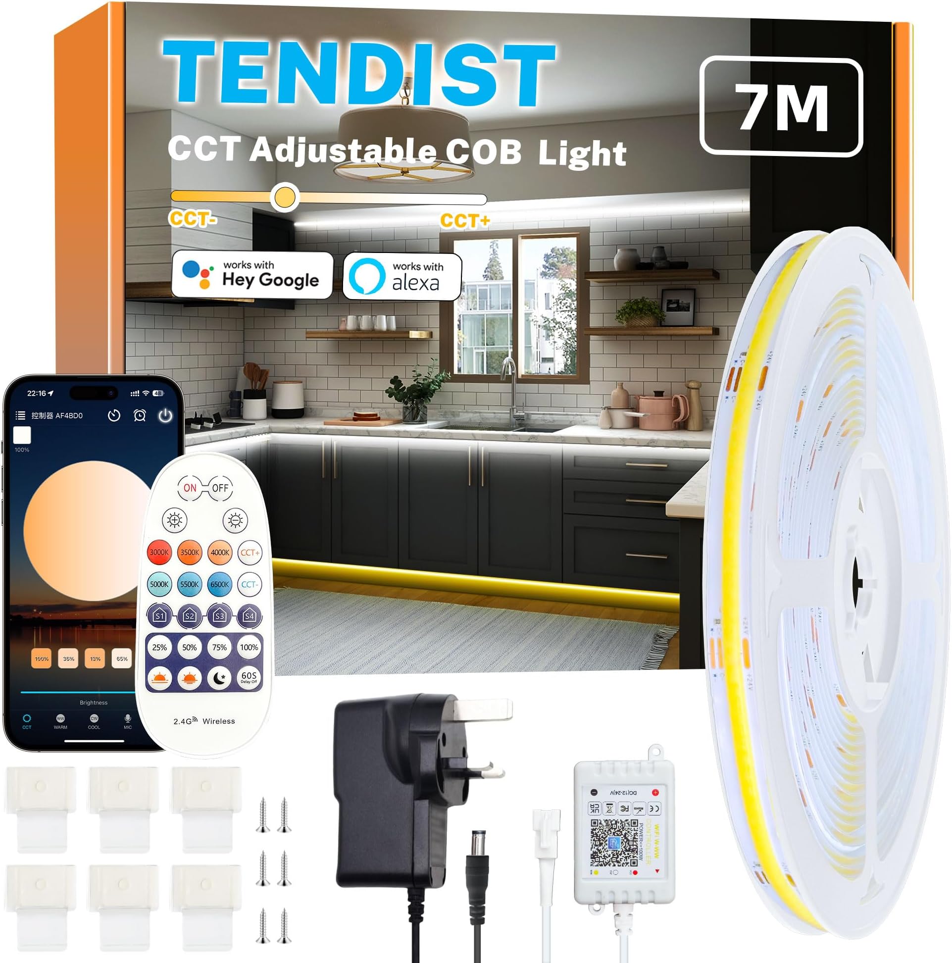 White COB LED Strip Light WiFi Alexa Compatible, 3000k to 6500k Warm White to Cool White Dimmable Ultra Bright COB Strip, Cabinets Lighting with Remote and App for Kitchen, Bedroom (7M)