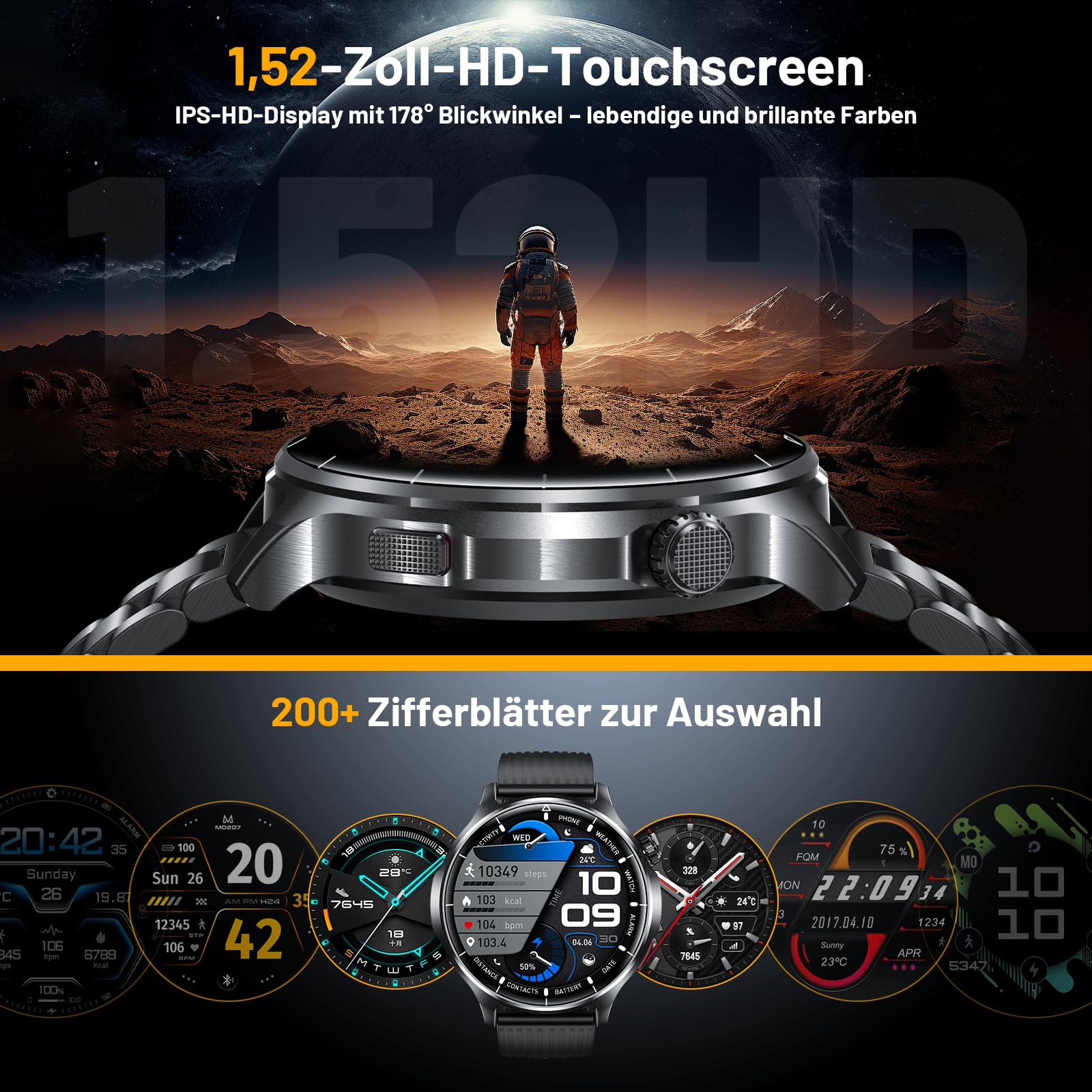 SLOKSFil Smartwatch Herren 1000 mAh Akku/1,52" HD Touchscreen, mit Bluetooth Anrufe/110+ Sportmodi/24H Herzfrequenz/IP68 Wasserdicht/Schlafmonitor, Schrittzähler Fitnessuhr Android iOS (Schwarz)