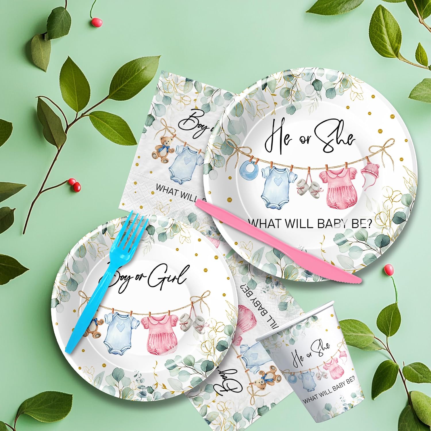 APOWBLS Gender Reveal Decorations, Greenery Baby Clothes Theme, Serves 24 | Boy or Girl Gender Reveal Baby Shower Party Supplies, He or She Paper Plates and Napkins Set, Cups, Disposable Cutlery