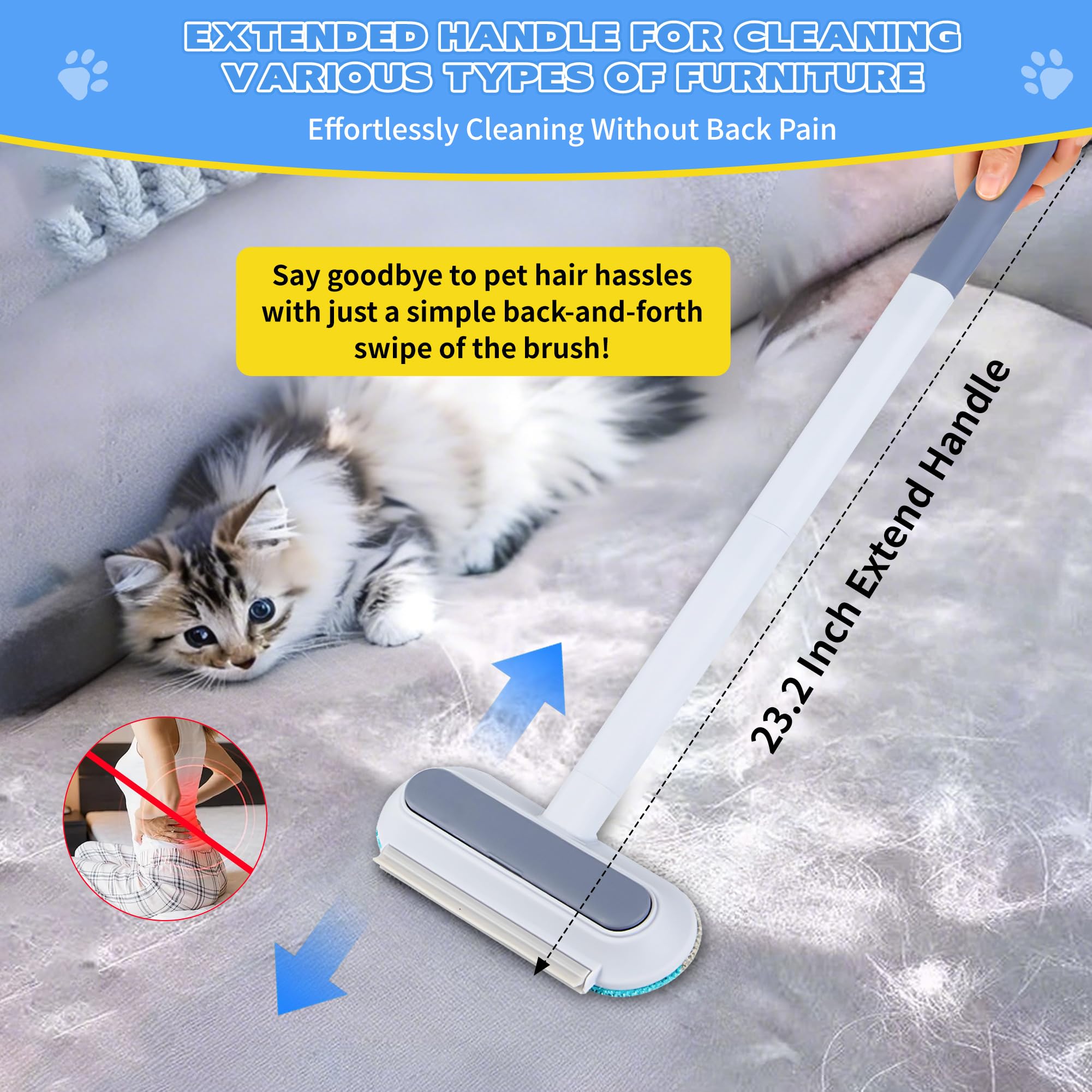 Pet Hair Remover for Furniture – 23.2Inch Reusable Dog & Cat Hair Removal Brush, Washable Lint Cleaner with Long Handle, 4-in-1 Pet Hair Remover for Couch, Carpet, Clothes & Bedding - image 5