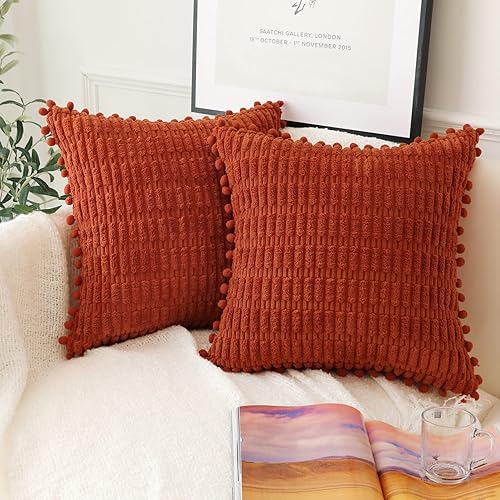 Miniatura 1 de sykting Juego de 2 fundas de almohada decorativas de color crema de 12 x 20 pulgadas, suaves y a rayas lumbares, bohemias, con pompones, para sofá,