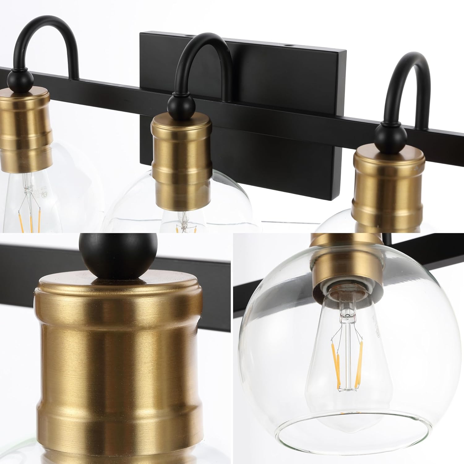 JONATHAN Y 36.5" Black/Brass Gold Vintage Wall Sconce, LED Vanity Light for Bathroom Bedroom Entryway, Clear Glass Globe Shade, Modern Industrial Arched Lamp, LED Bulb Included (JYL3556A)