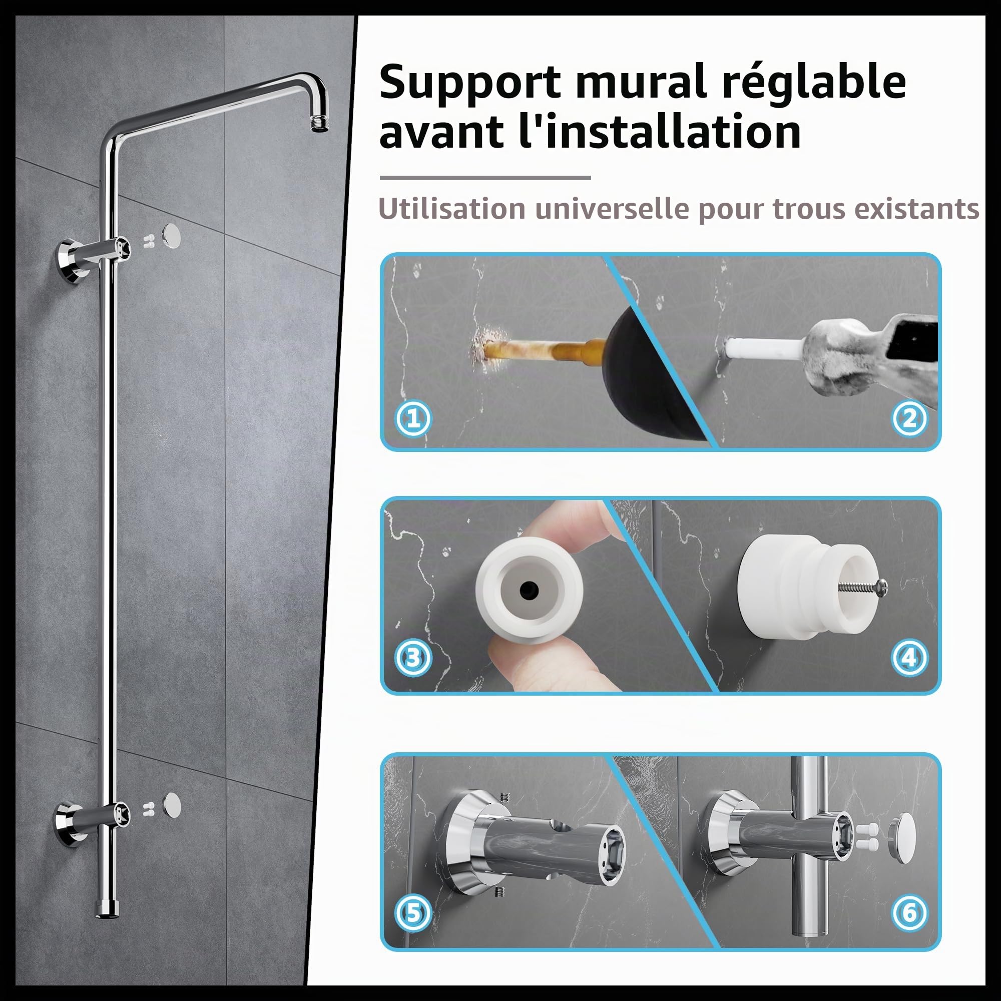 JOHO Barre de douche en acier inoxydable, Colonne de douche avec Support mural réglable compatible avec les trous de perçage existants, 91 cm avec support de douchette, Chromé