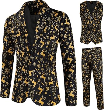 Christmas Suit for Men, Holiday Ugly Funny Printed Party Costume Mens 3 Piece Slim Fit Suit Blazer Vest Pants Set